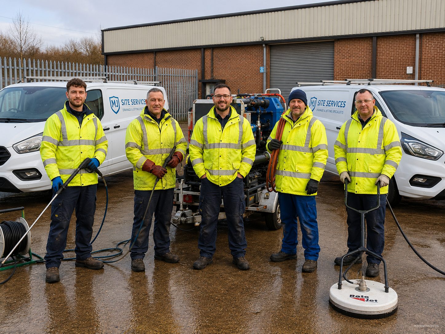 The M J Site Services industrial cleaning team with vans and pressure washing equipment